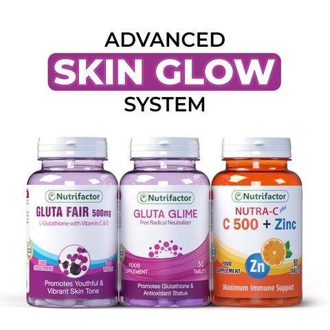 Nutrifactor supplement bottles labeled 'Gluta Fair', 'Gluta Glim', and 'Nutra-C C 500 + Zinc' on a white background.