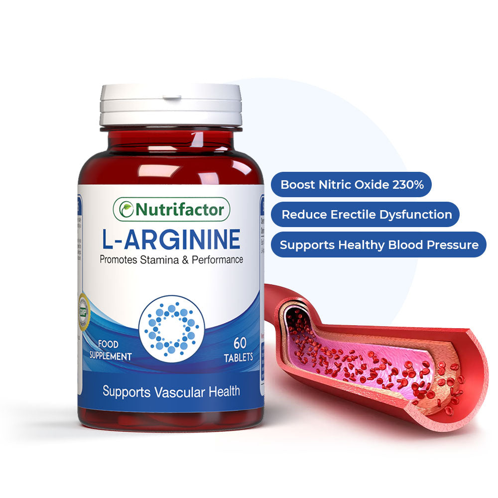 Nutrifactor L-Arginine supplement bottle with health illustration on a white background