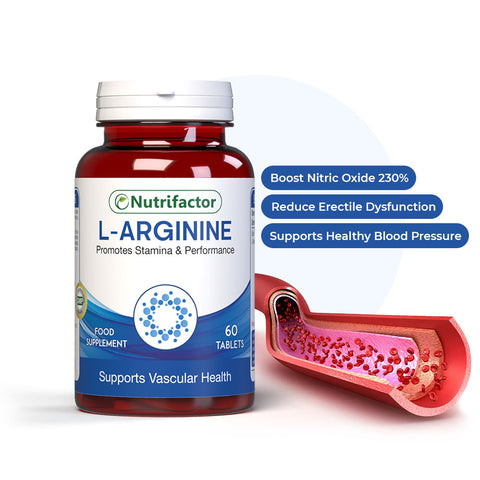 Nutrifactor L-Arginine supplement bottle with health illustration on a white background