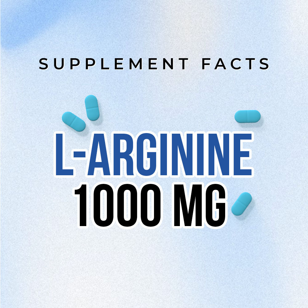 Supplement facts for L-Arginine 1000 MG on a light blue background with blue capsules.