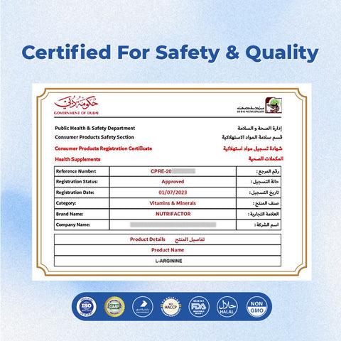 Certification for safety and quality on a blue background with text and logos.