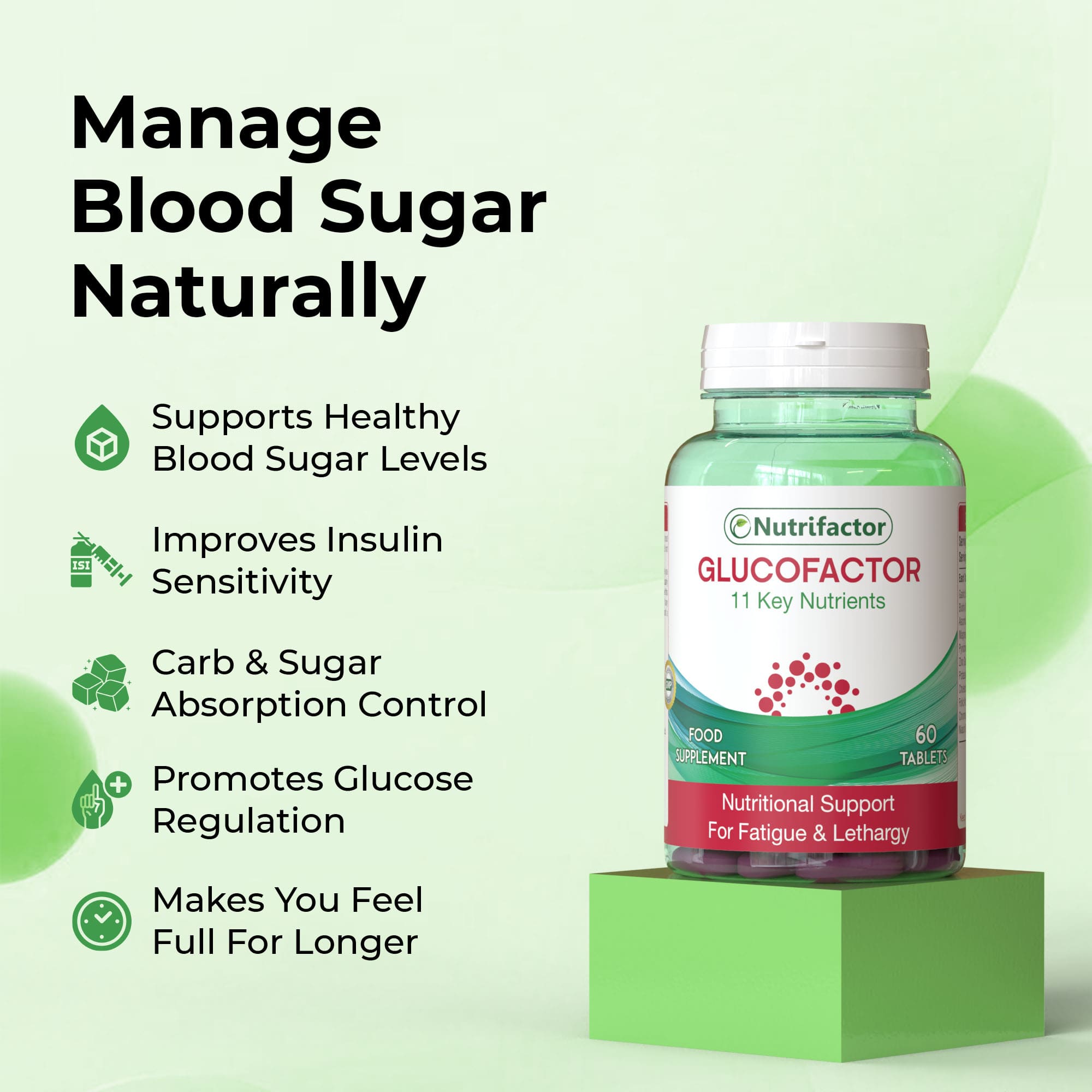 Nutrifiantor Glucofactor supplement bottle with benefits listed on a green background