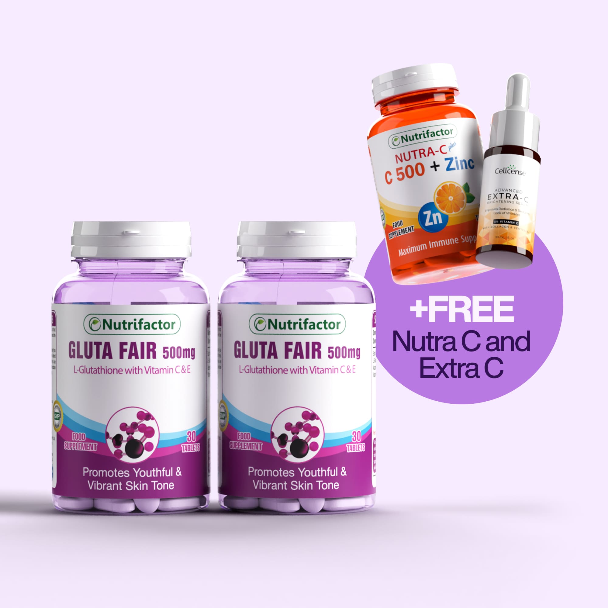 Two purple bottles of Nutrifactor Gluta Fair 500mg are shown on a light lavender background, with a promotional graphic offering a free bottle of Nutrifactor Nutra-C C 500 + Zinc and a bottle of Colloportum Extra C in a purple circle labeled '+FREE Nutra C and Extra C'.
