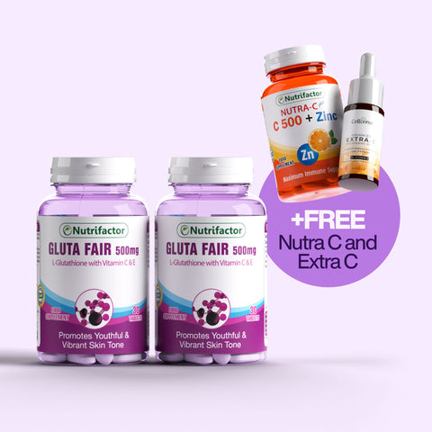 Two purple bottles of Nutrifactor Gluta Fair 500mg are shown on a light lavender background, with a promotional graphic offering a free bottle of Nutrifactor Nutra-C C 500 + Zinc and a bottle of Colloportum Extra C in a purple circle labeled '+FREE Nutra C and Extra C'.