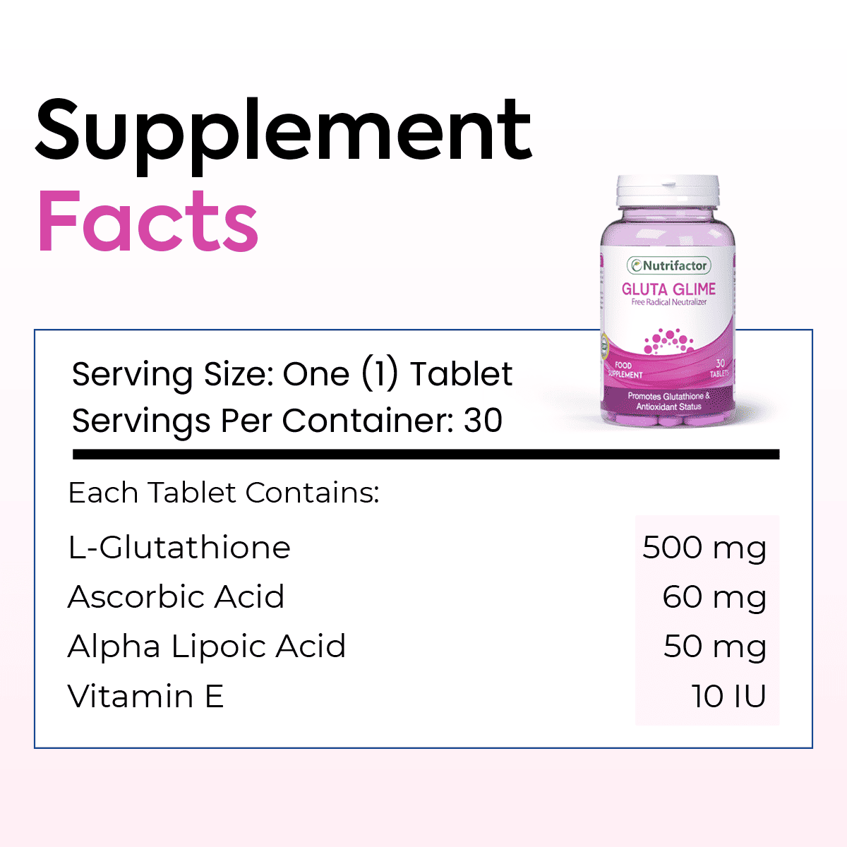 nutrifactor l glutathione With the support of ALA, Glutathione, Vitamin C, and E, Gluta Glime helps to promote the natural production of and helps neutralize free radicals to support skin health. Reality of Nutrifactor | GLUTA